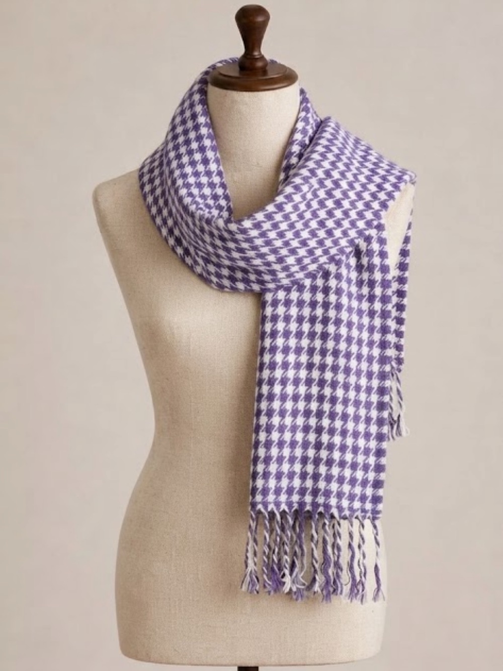 Silk Feel Purple White Houndstooth Fringe Scarf